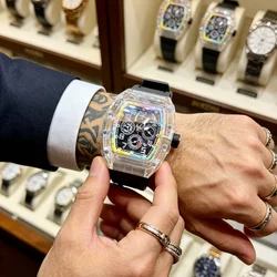 Men's High - End Transparent Quartz Rainbow Dial Watch - Trendy Waterproof Luxury Sports Timepiece (Black)