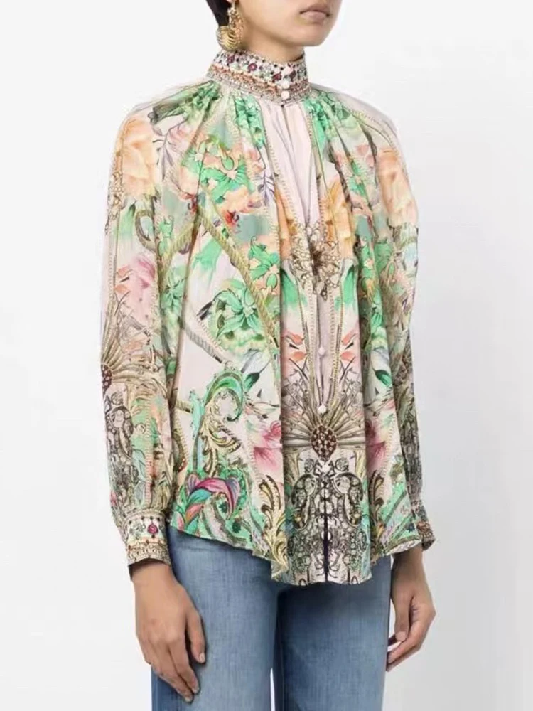 

Женская винтажная шелковая рубашка с высокой талией, вставками и рукавами-фонариками, лето 2024