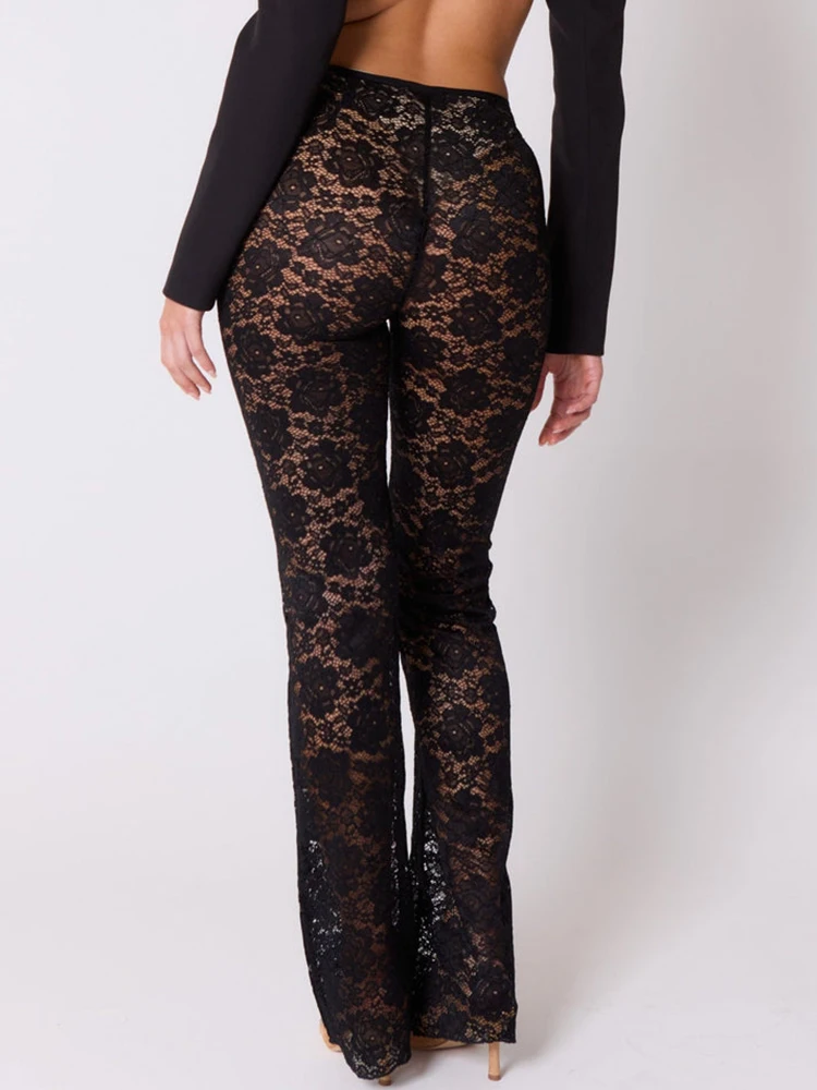 Fantoye Sexy See Through Lace Women Pant Black High Waist Printed Floral Long Pant Female 2024 Summer Skinny Elegant Streetwear