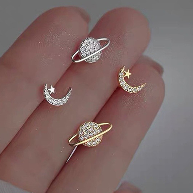 Shiny Rhinestones Star Moon Planet Stud Earrings for Women Girls Golden Silver Color Small Earrings Geometry Asymmetric Jewelry