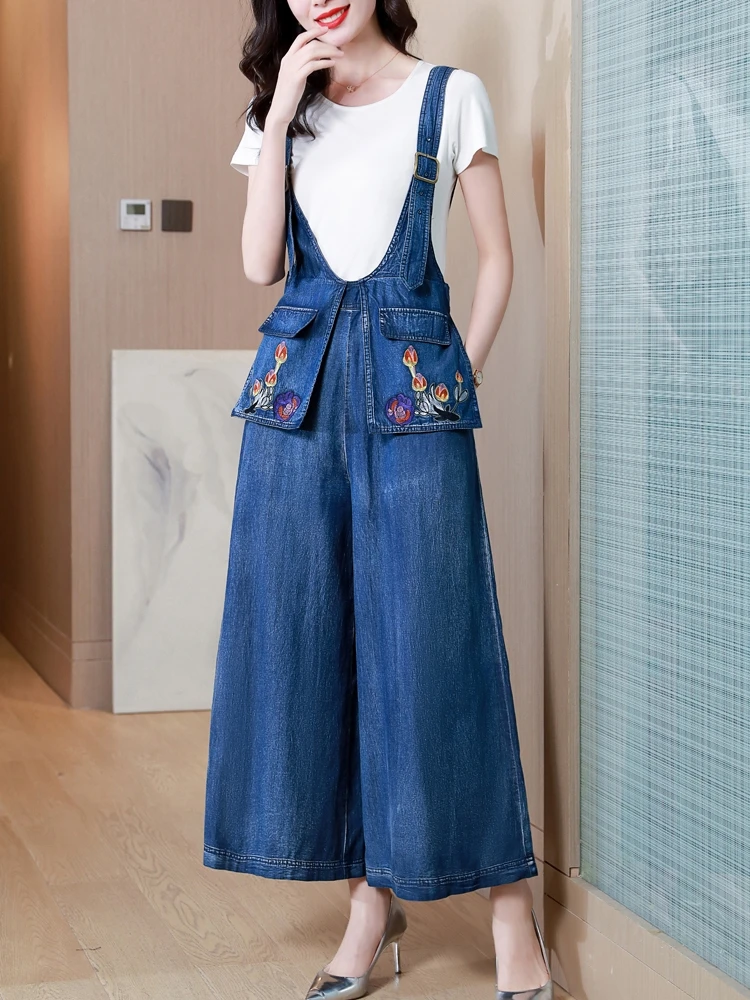 TIYIHAILEY Free Shipping Sleeveless Women Wide Leg Denim Embroidery Jumpsuit And Rompers S-XL Thin Summer Trousers With Pockets women summer denim jumpsuit metal buckle strap large pockets women loose sleeveless straight jumpsuit dungarees streetwear