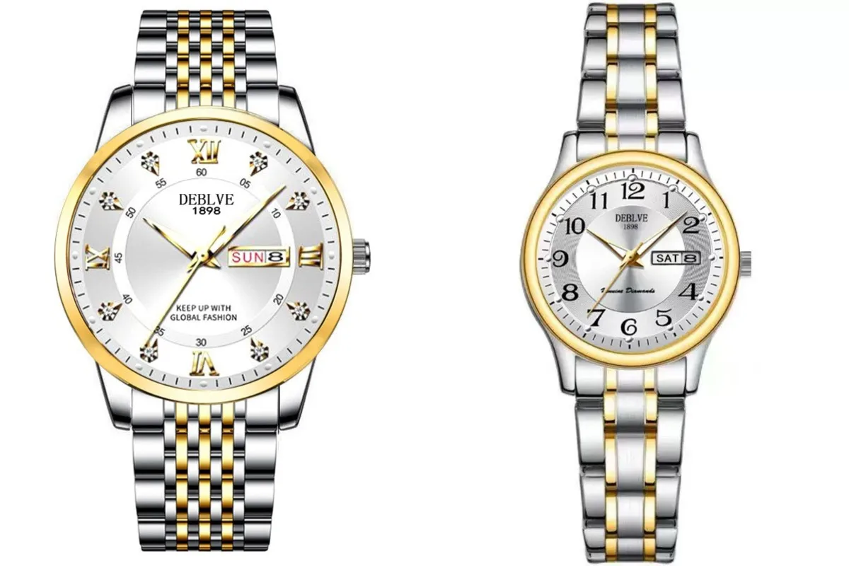 Couple's steel strap dual calendar luminous quartz watch, men's and women's fashion watch, non mechanical quartz watch