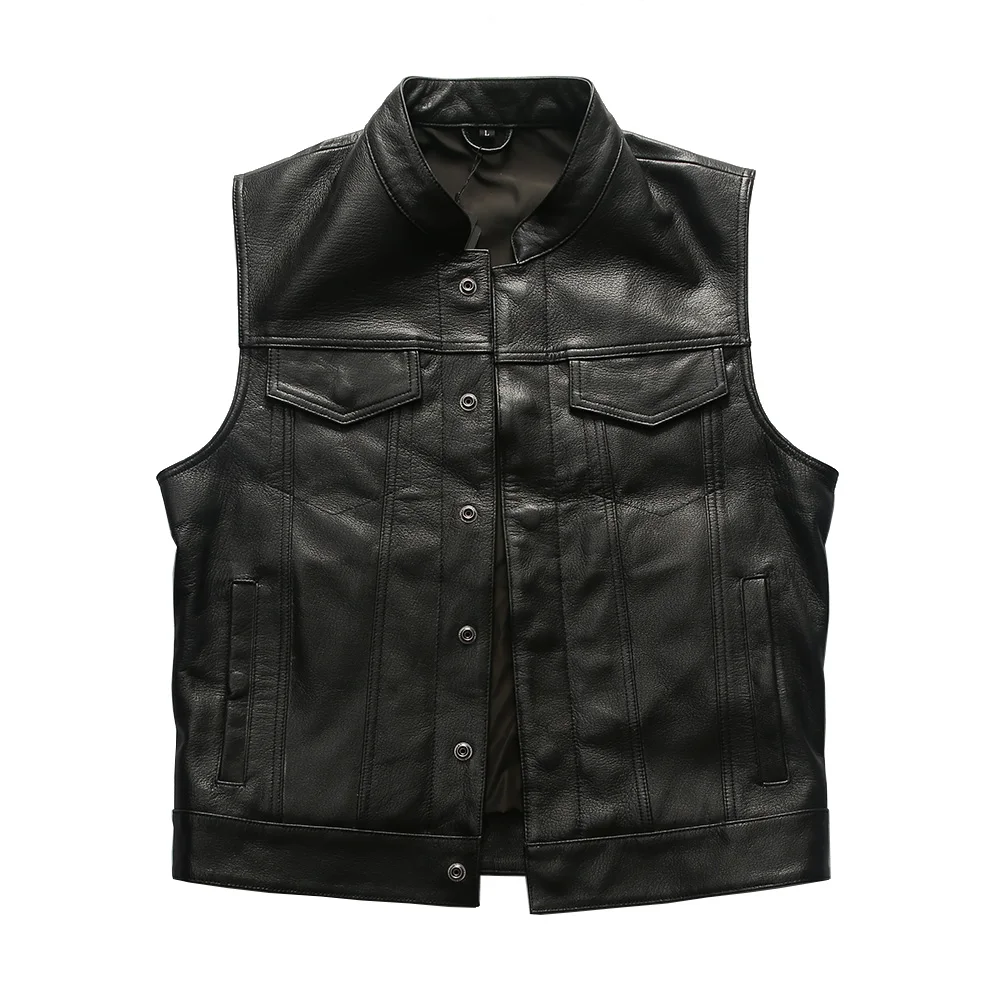 Outdoor-Sportweste mit Totenkopf-Stickerei für Herren, Echtleder Ärmellose Jacke, Rindsleder Club Riding Biker Weste – Detail 13