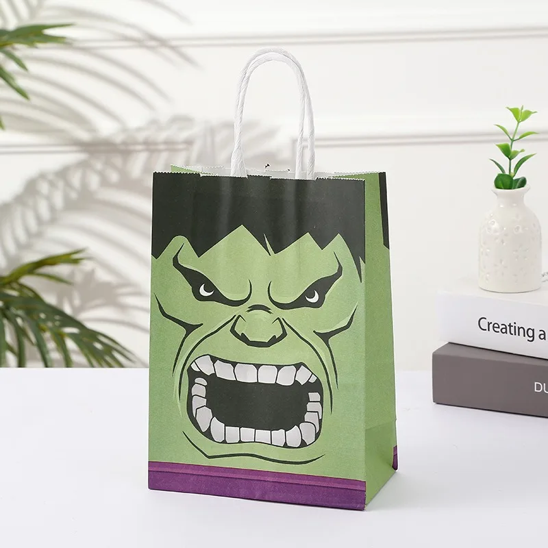 12pcs Disney Birthday Gift Bags For Boys Hulk Iron Man Spiderman Party Supplies Favors Kids Large Kraft Paper Bag Handle