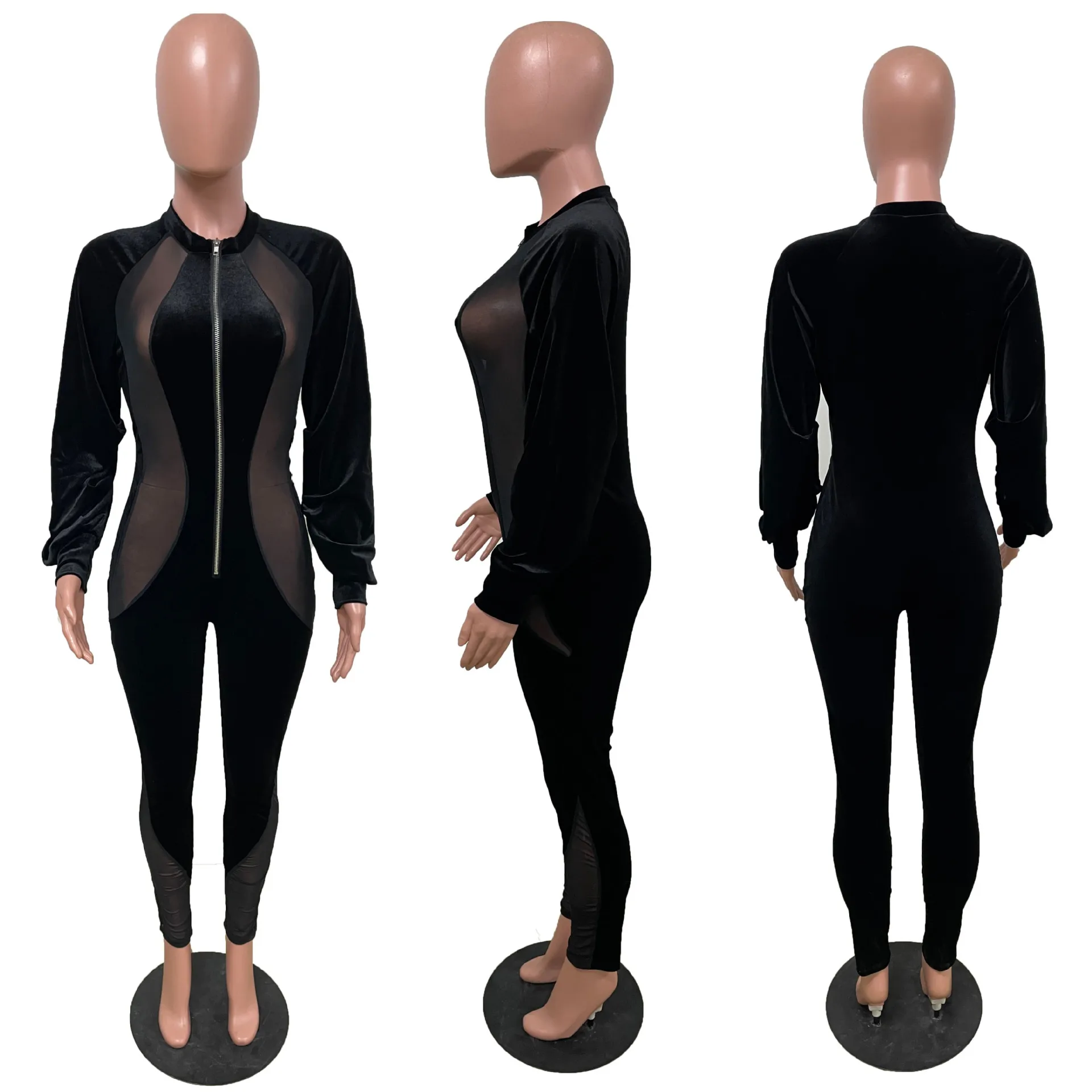Women's Fashion Casual Sexy Solid Color Mesh Lantern Sleeve Bodysuit Spring Autumn Long Sleeve Lady Rompers