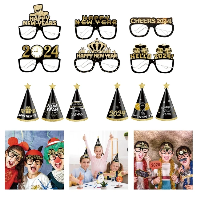 6Pcs 2024 Nouvel An Lunettes Chapeaux Bonne Année Décorations