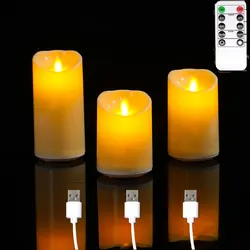 Set of USB Rechargeable Remote Control LED Dancing Wick Candles - Decorative Church-Style Lighting (3 candles 1 remote)