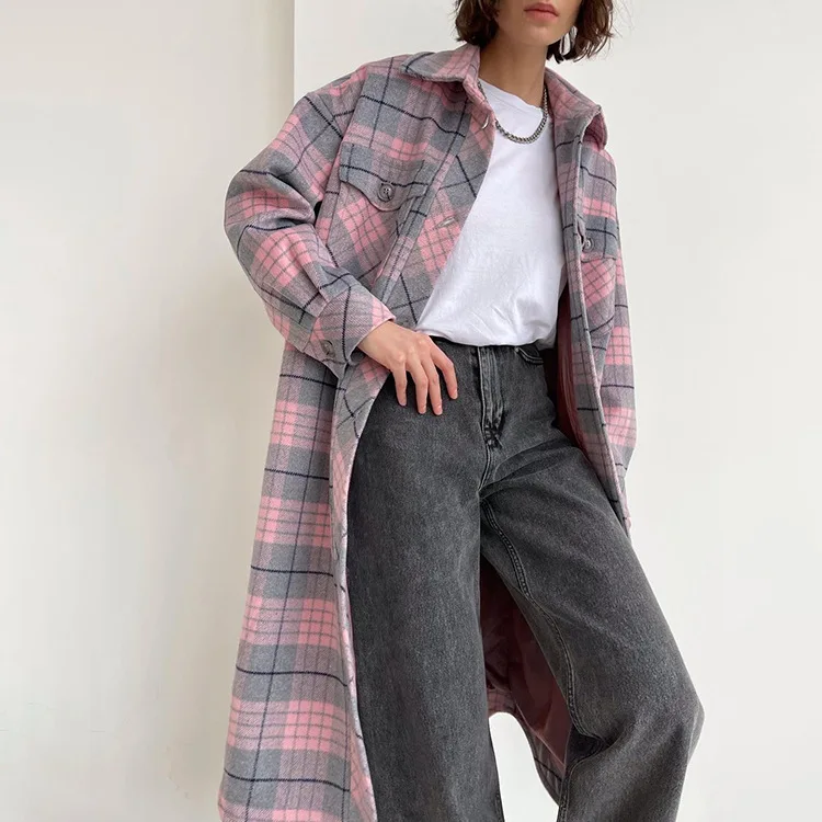 

Winter Loose Plaid Women'S Windbreaker Fashion Long Sleeve Office Trench Coat Elegant Classic Warm Jacket Coats Femlale