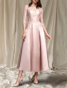 Mother of the Bride Dress Elegant Jewel Neck Tea Length Lace Satin Half Sleeve with Pleats vestidos para bodas mujer invitada