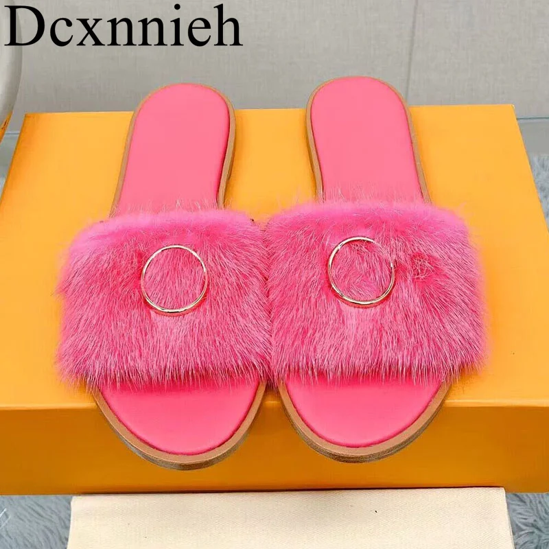 

2023 New Summer Fur Integrated Slippers for Women's High end Metal Buckle Decoration Fashion Versatile Flat Bottom Lazy Sandals
