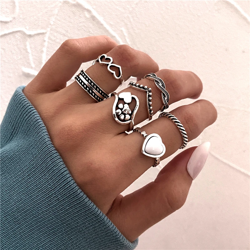 Punk Gothic Heart Ring Set for Women Black Dice Vintage Spades Ace Silver Plated Retro Rhinestone Charm Billiards Finger Jewelry 