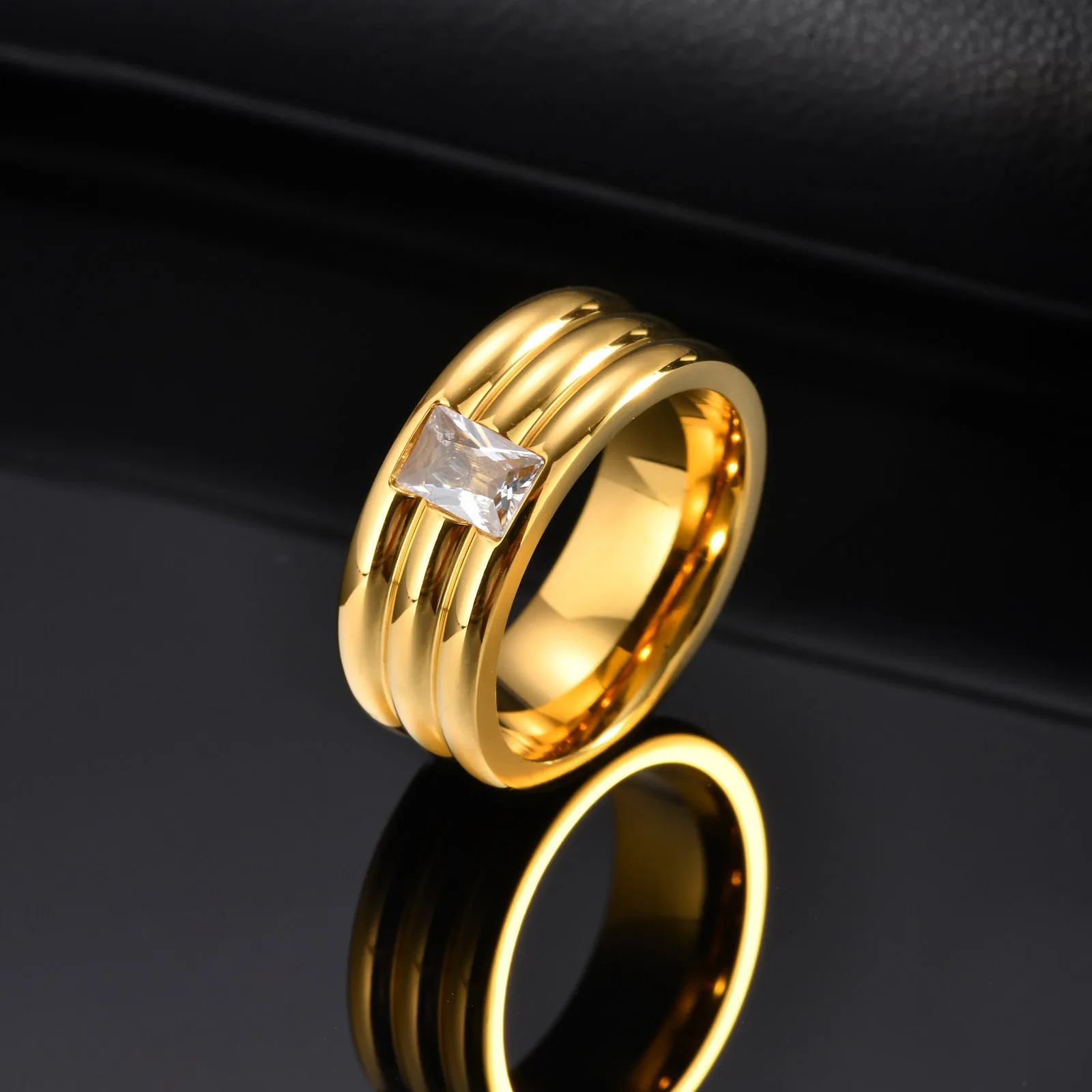Chunky Gold Color Ring for Men Boys,Sparking White AAA CZ Stone Stainless Steel Ring,Stagement Wedding Ring to Him Her