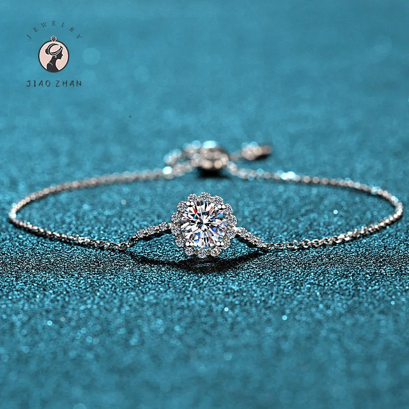 JIAOZHAN Women'S S925 Sterling Silver Bracelet Stars In The Moon Fashion Simple Jewellery Round Package Moissanite Bracelet