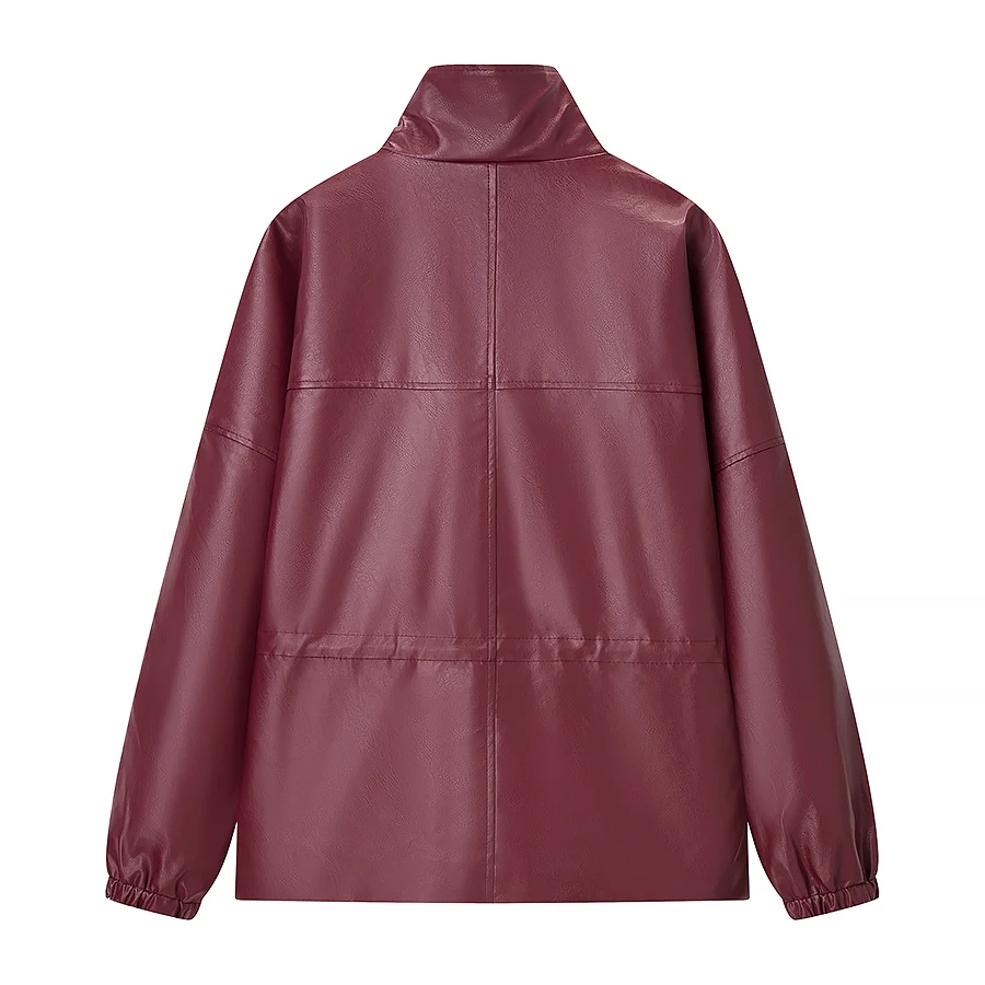 Women Short Faux Leather Jacket Female Long Sleeve Stand Collar Single Breasted Coat Lady Spring New With Zipper Pocket Outwear