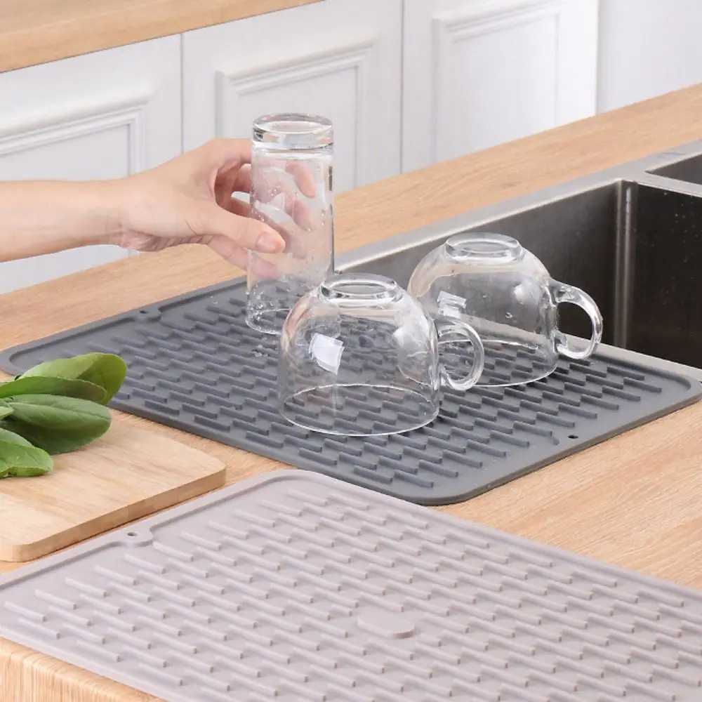 Faucet Mat Kitchen Faucet Splash Pad Grey Silicone Drying Mat Kitchen Counter Placemat Non-Slip Heat Resistant Sink Pad Thickness Rectangle Dish Drying Mat Bowl