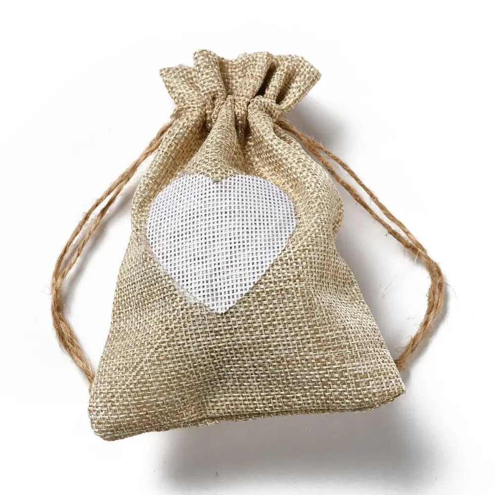 

50pcs Linen Pouches Drawstring Bag with White Heart Pattern Rectangle for Gift Packaging Shopping Storage Pouches 14x10x0.5cm