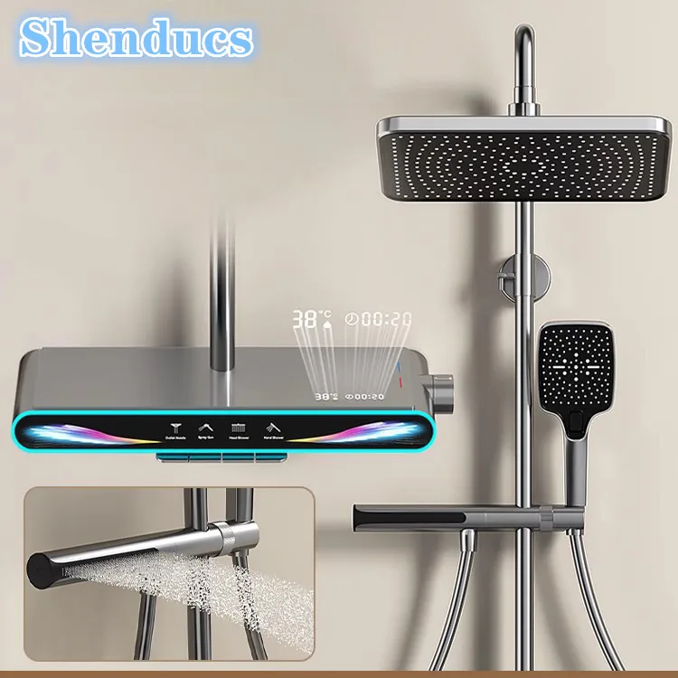 น้ําตกเปียโนดิจิตอลชุดฝักบัวอาบน้ําห้องน้ําทองเหลืองคุณภาพก๊อกน้ําห้องน้ํา Rain Shower ร้อนเย็นดิจิตอลอาบน้ําระบบ 1