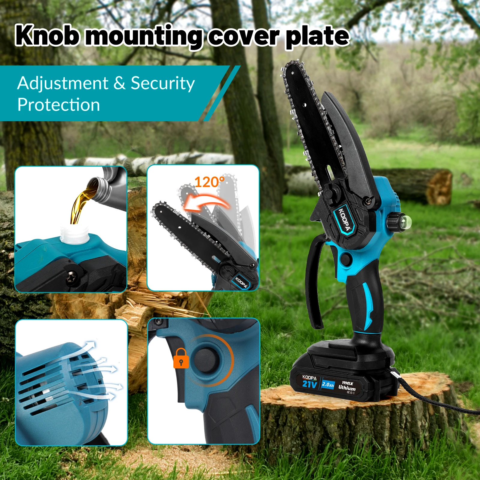 Koopa Mini Cordless 6 Inch Portable Brushless Electric ChainSaw Automatic Oiler,Trees Branches Trimming, Wood Cutting 2 chians 6