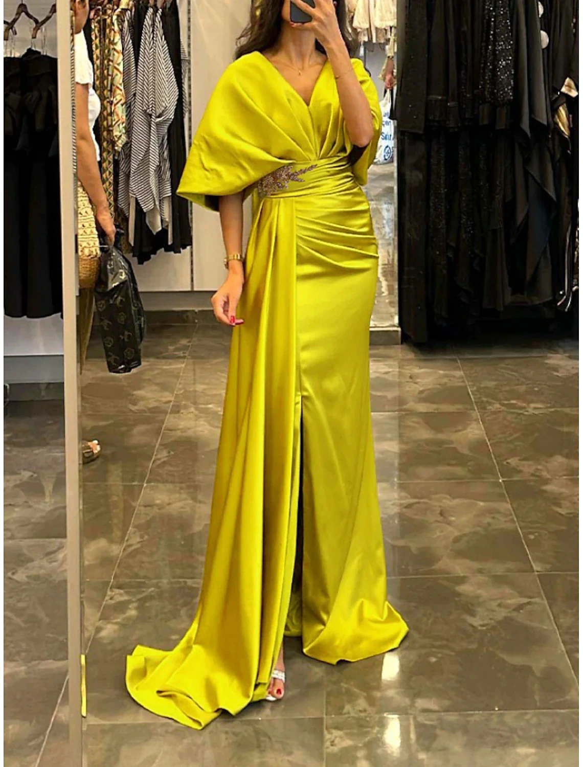 Gold-Satin-Long-Saudi-Arabian-Evening-Gown-Beaded-Belt-V-Neck-Half ...