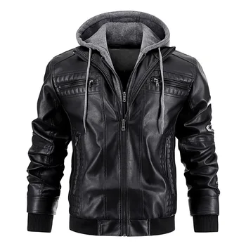 Giacca da uomo in pelle PU con cappuccio moto Slim Fit cappotti Casual uomo autunno inverno cappello antivento capispalla in pelle da motociclista staccabile 1
