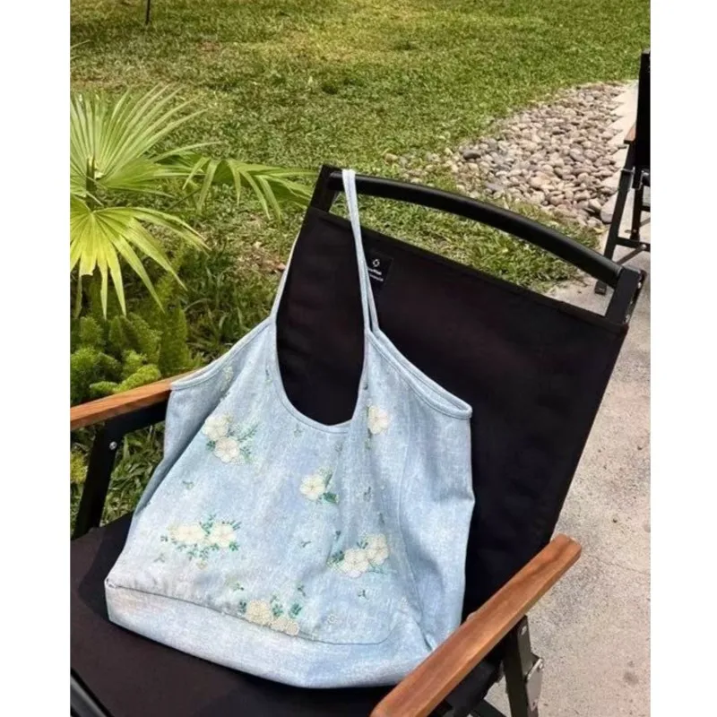 JIAERDI Floral Embroidery Blue Denim Handbag Women Fairy Core Aesthetic Y2k Shoulder Bags Female Large Capacity Underarm Bag