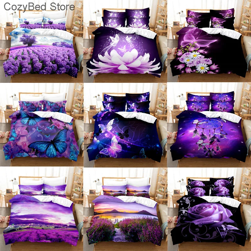 Purple Bedding Set Linens Duvet Cover Bed Quilt Pillow Case 3D Comforter Lavender Butterfly Double Full King Queen Twin Single