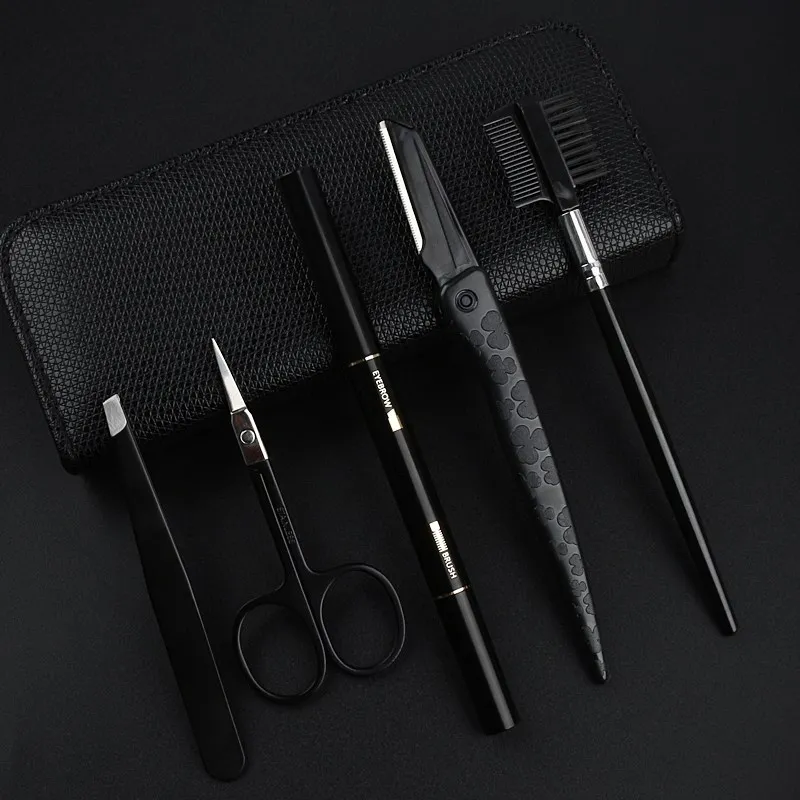 5pcs/set Men's Eyebrow Set Grooming Kit For BeginnersWith PU Leather Case Include Eyebrow Pencil Razors Scissors Combs Tweezers
