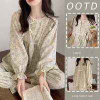 Four Seasons Can Wear Korean Style Floral Women's Pajamas Tops and Pants Summer Student Sleepwear Homewear Girl Sweet Nightwear