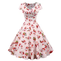 Fashion V-neck Short Sleeve Printed Christmas Dress Large Swing Vintage Elegant Xmas Party Dress - Image 5