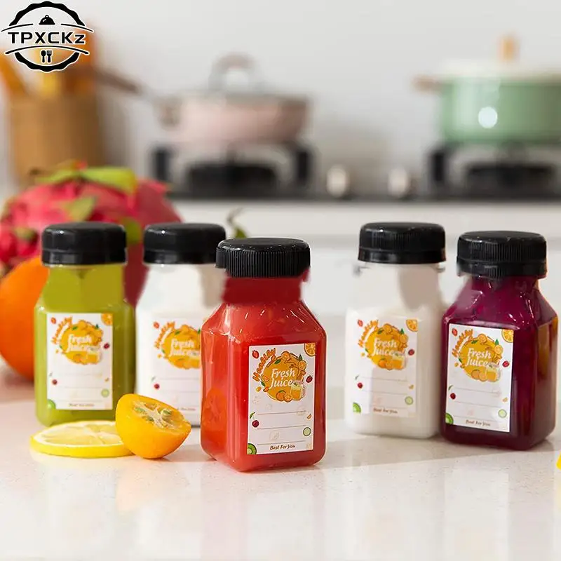 4Pcs 120ML Clear Drink Containers Plastic Reusable Empty Juice Bottles With Black Tamper Proof Lids Milk Split Beverage Bottle 3