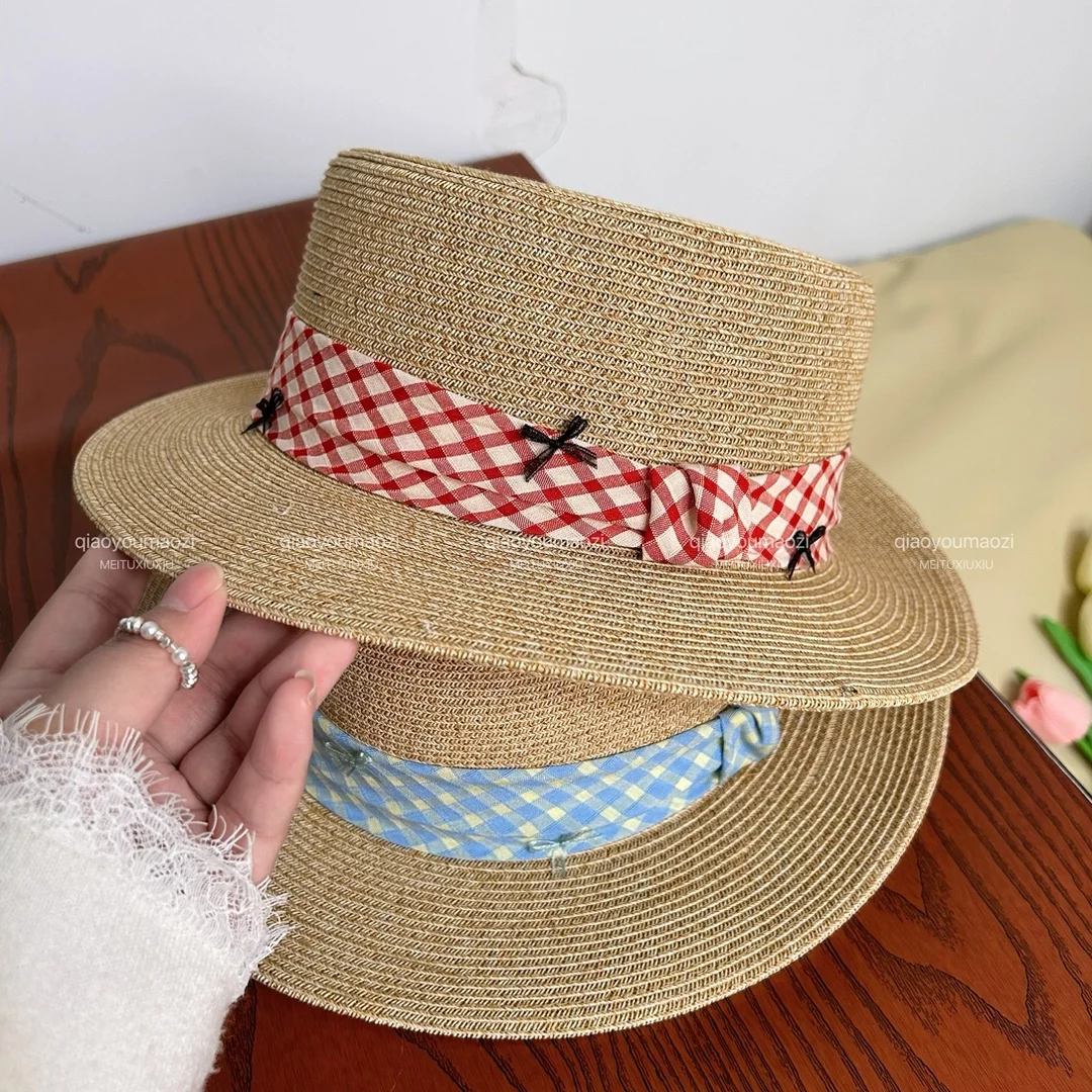 

Шляпа женская летняя в клетку, Элегантная плетеная Соломенная Панама от солнца, в английском стиле, с лентой и бантом, для пляжа и путешествий