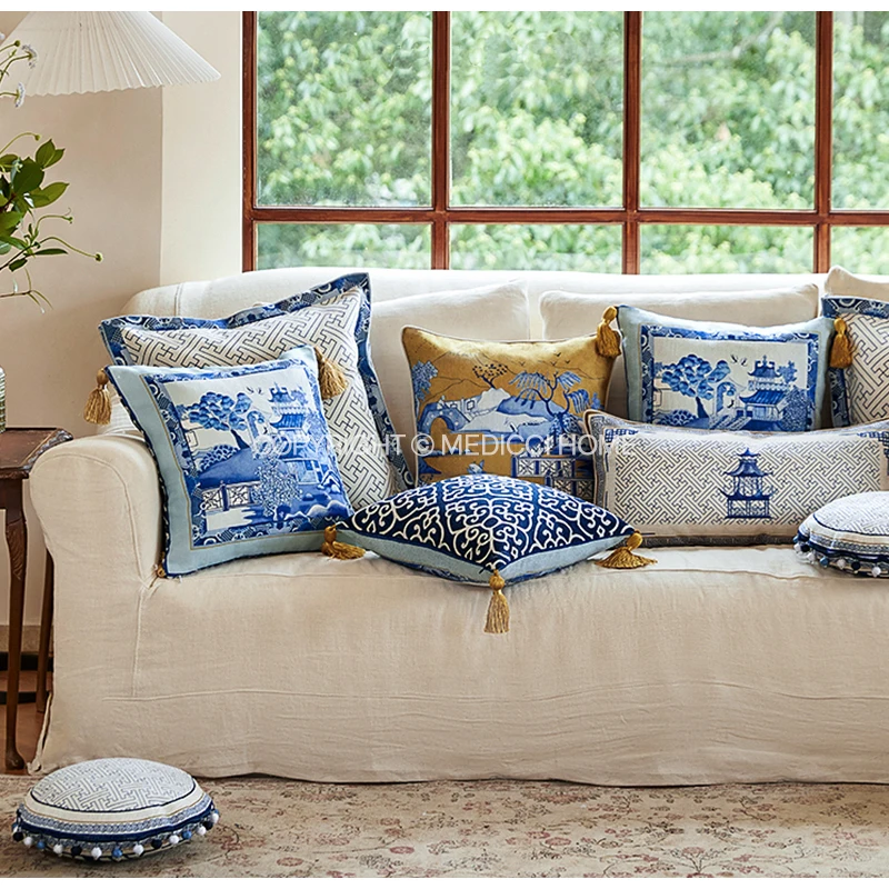 Medicci Home Blue Chinoiserie Victorian Throw Pillowcase 45X45cm