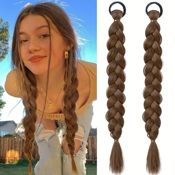 2pcs Braiding Ponytail Hair Extensions Synthetic Long Wrap Around Braided Horse Tail Brown Braid Ponytail for Women Hairpiece 1