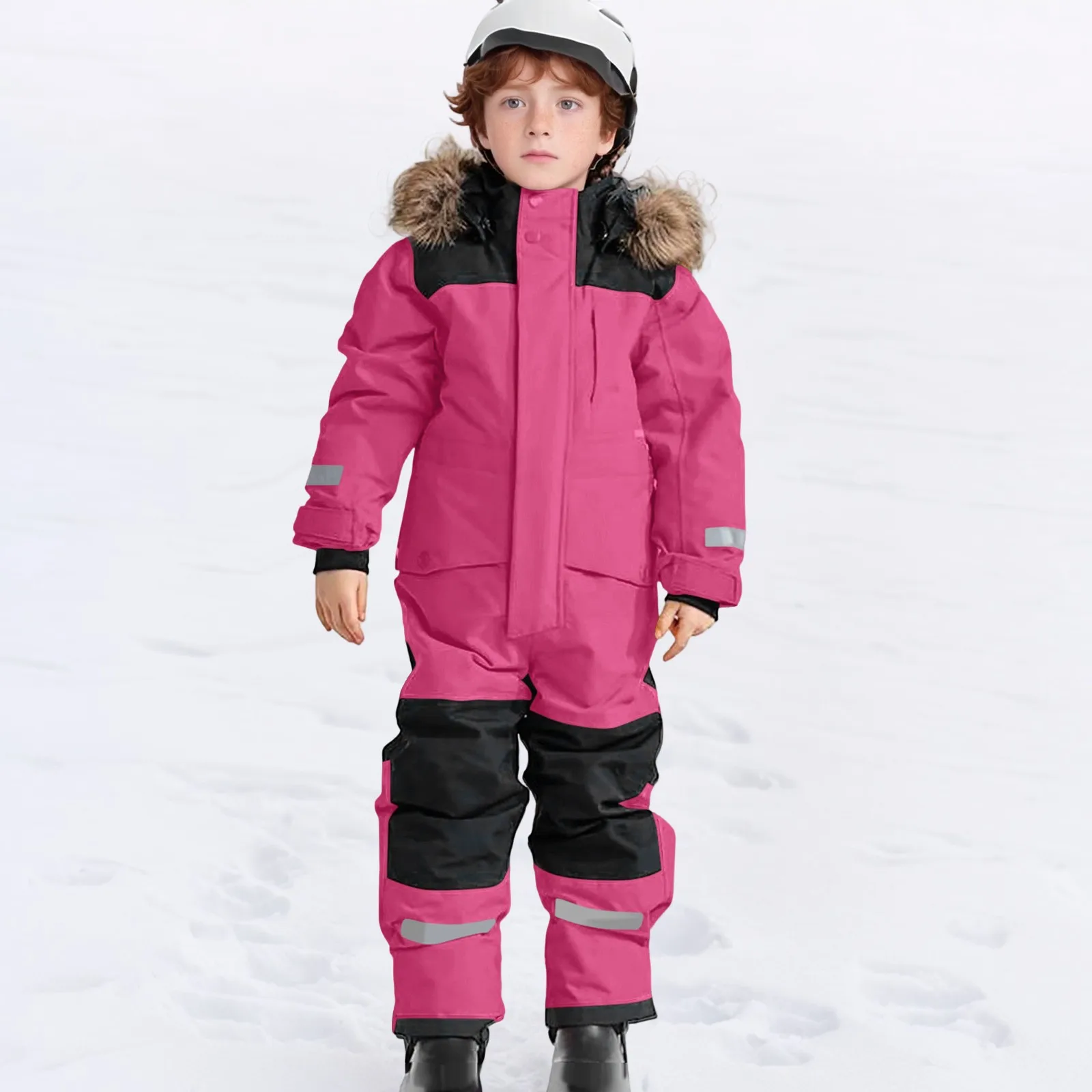 Kids Snow Suit 1Piece Winter Snowsuit with Faux Fur Hood Reflective Strips Boys Girls Ski Jumpsuit Waterproof Warm Snow Overalls