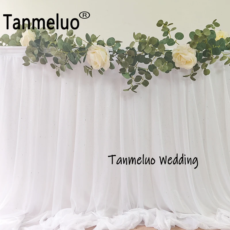 White Table Skirt Extra Long Sheer Tablecloth for Backyard Wedding Sweetheart Main Table Birthday Party Cake Decoration