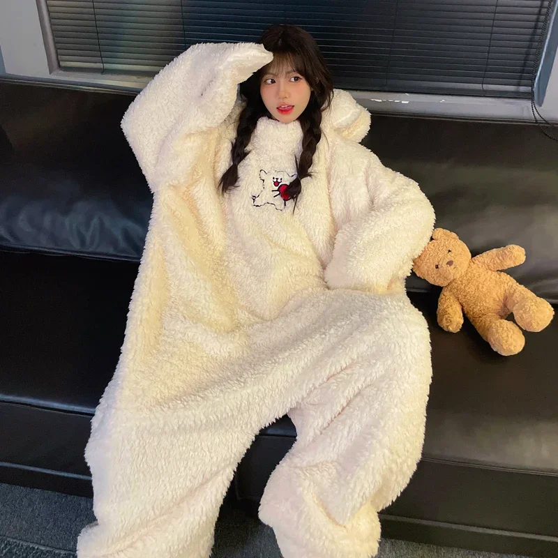 Women Robes bodysuit cartoon Bear Coral Velvet Nightgown Cute Korean Pajamas Hooded Funny Anime Sleepwear Girlfriends Homewear