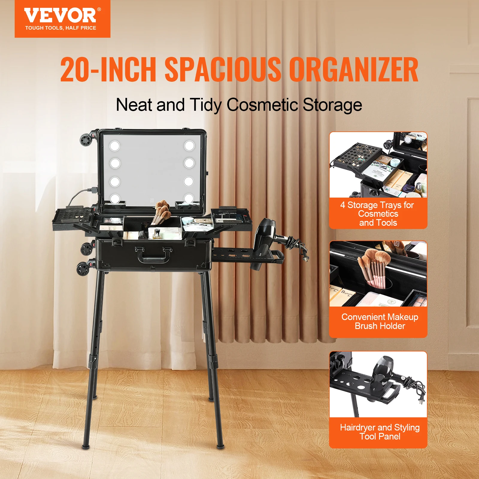 VEVOR Makeup Train Case with Lock Lighted Mirror 4 Storage Trays Holder Speaker Travel Cosmetic Organizer Box w/ Swivel Wheels 2