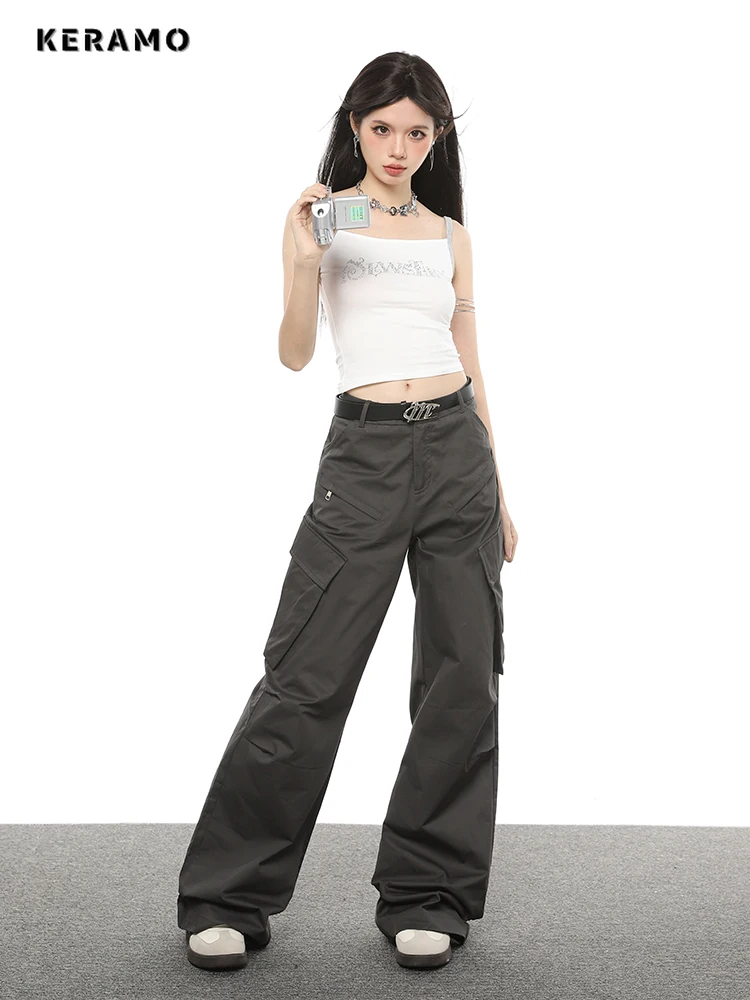 

Women's High Street Casual Overalls Solid Color Loose Wide Leg Pants American Retro 90's Oversized Y2k Grunge Cargo Pants