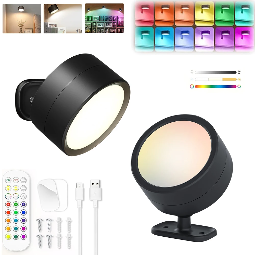Office Desk Lamp RGB LED Magnetic Puck Light Dimmable Color Changing Battery Powered Remote Control Task Lighting for Workspace