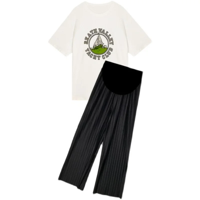 Short Sleeve T-Shirt Wide Leg Trousers Twinset Maternity Summer Loose Casual Pregnant Woman Clothes Set Fashion Printed Suit