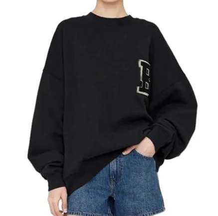 Sudadera mujer bordada de algodón negra cuello redondo pullover_voghion.com