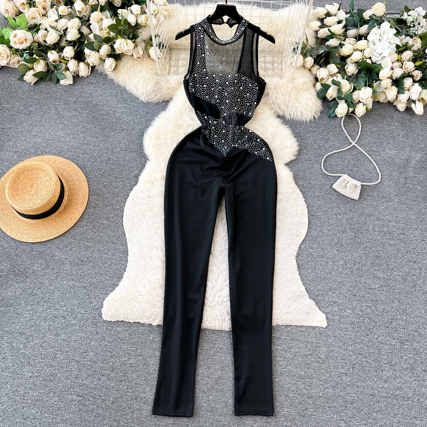 Clothland Women Sexy Black Beading Jumpsuit Mesh Patchwork Backless Sleeveless Female Chic See Through Playsuit KA424