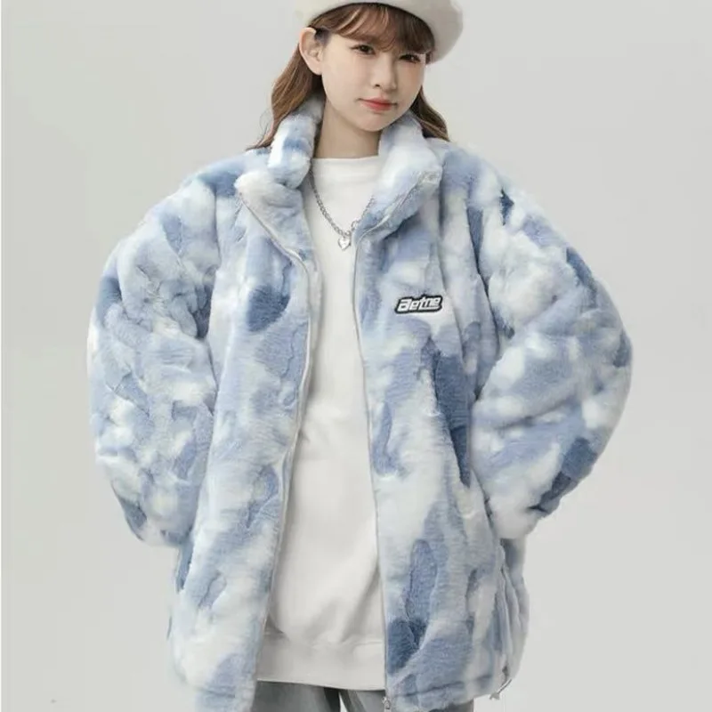 Lamb Wool Jacket Women Vintage Autumn Winter Faux Fur Jacket Streetwear Tie-dye Zipper Parkas Oversized Warm Korean Coat New