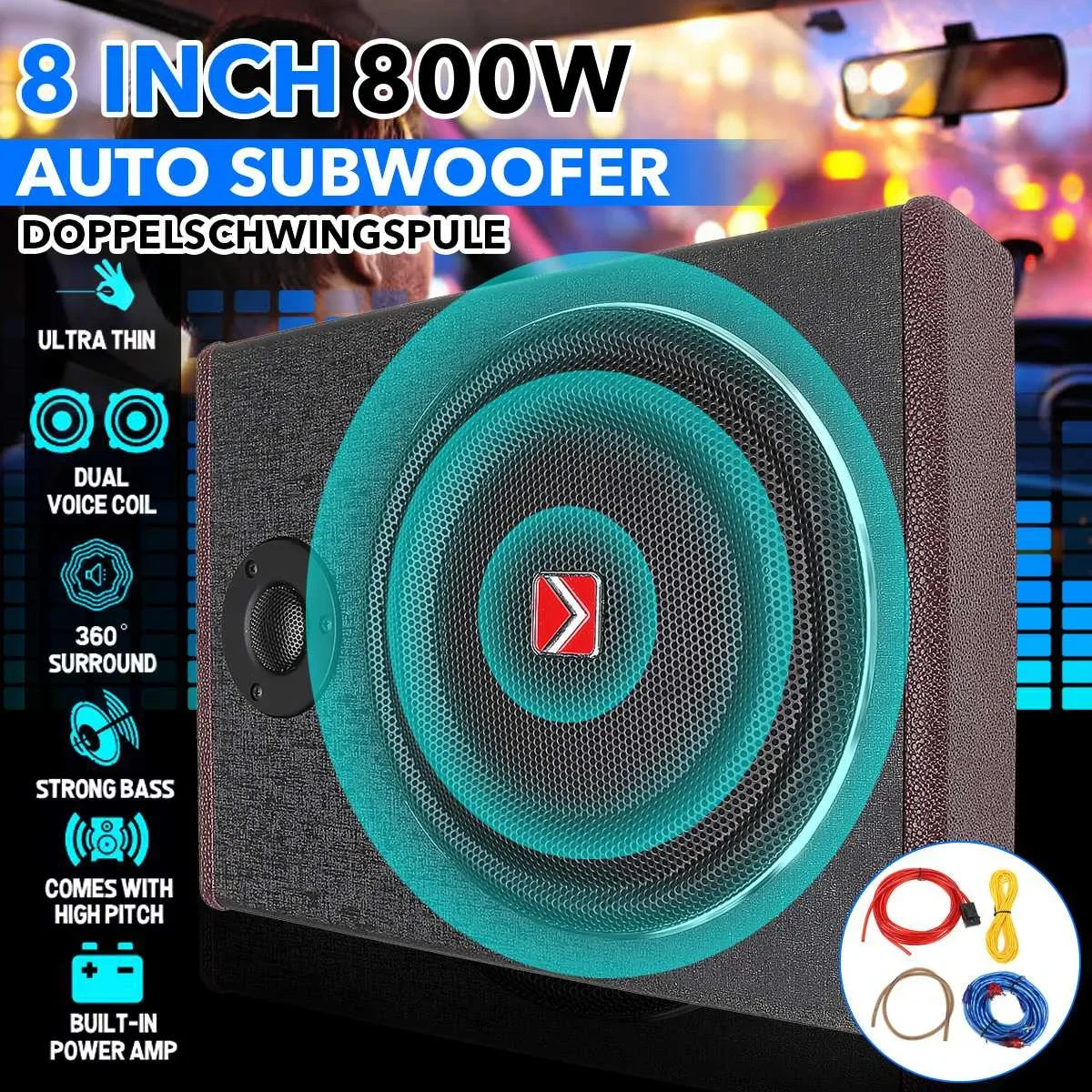 800W Car Seat Subwoofer Speaker Alloy Shockproof Power Amplifier Active Subwoofers Car Stereo Car Audio Processor Music Player