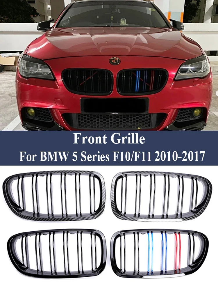 Sleek Carbon Fiber Black Double Slat Chrome Kidney Front Radiator Racing Grille