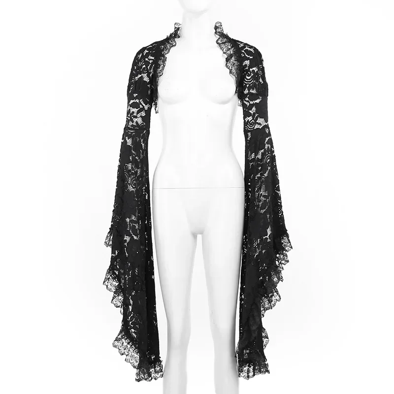 Gothic Classic Lace Cover Ups Women Mesh Crop Top See Through Sexy Flare Sleeve Blouse Y2k Black Rave Outfit Festival 5