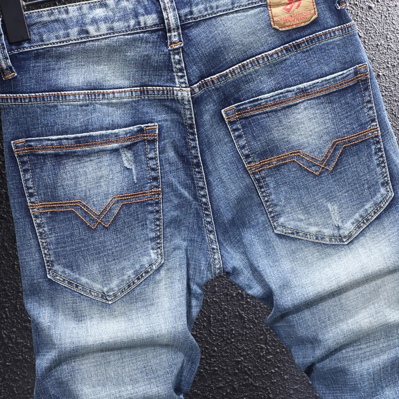 Fashion Designer Men Jeans High Quality Retro Washed Blue Stretch Slim Fit Ripped Jeans Men Embroidery Vintage Denim Pants