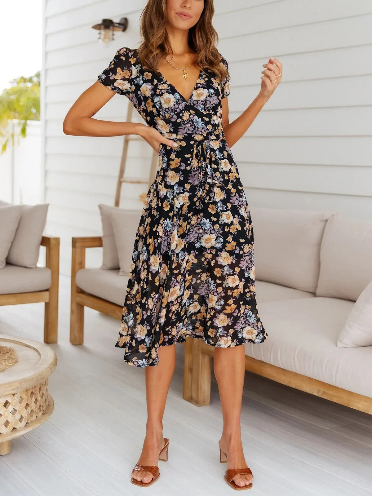 

Dresses For Women 2022 Party Elegant Vintage Floral Print Midi Dress V Neck Short Sleeve Waist Tie Vacation Summer Beach Dress