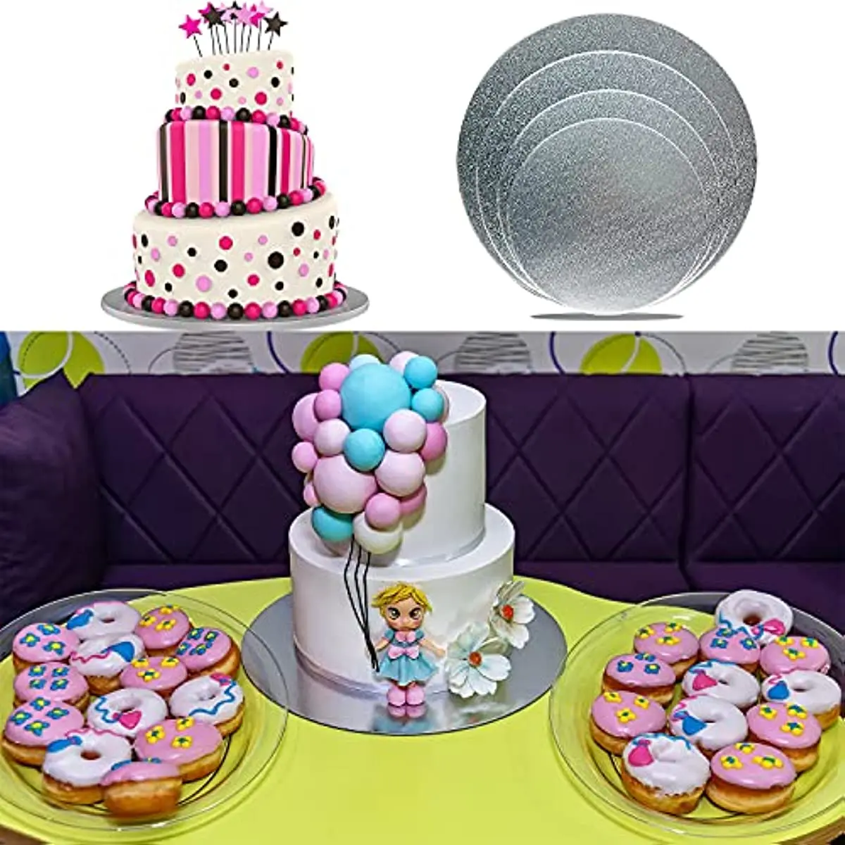 Round Cake Boards with Scraper, Silver Foil, Round Cake Circles, Base Cardboard, Reusable for Baking, 6,8,10,12Inch, 4Pack