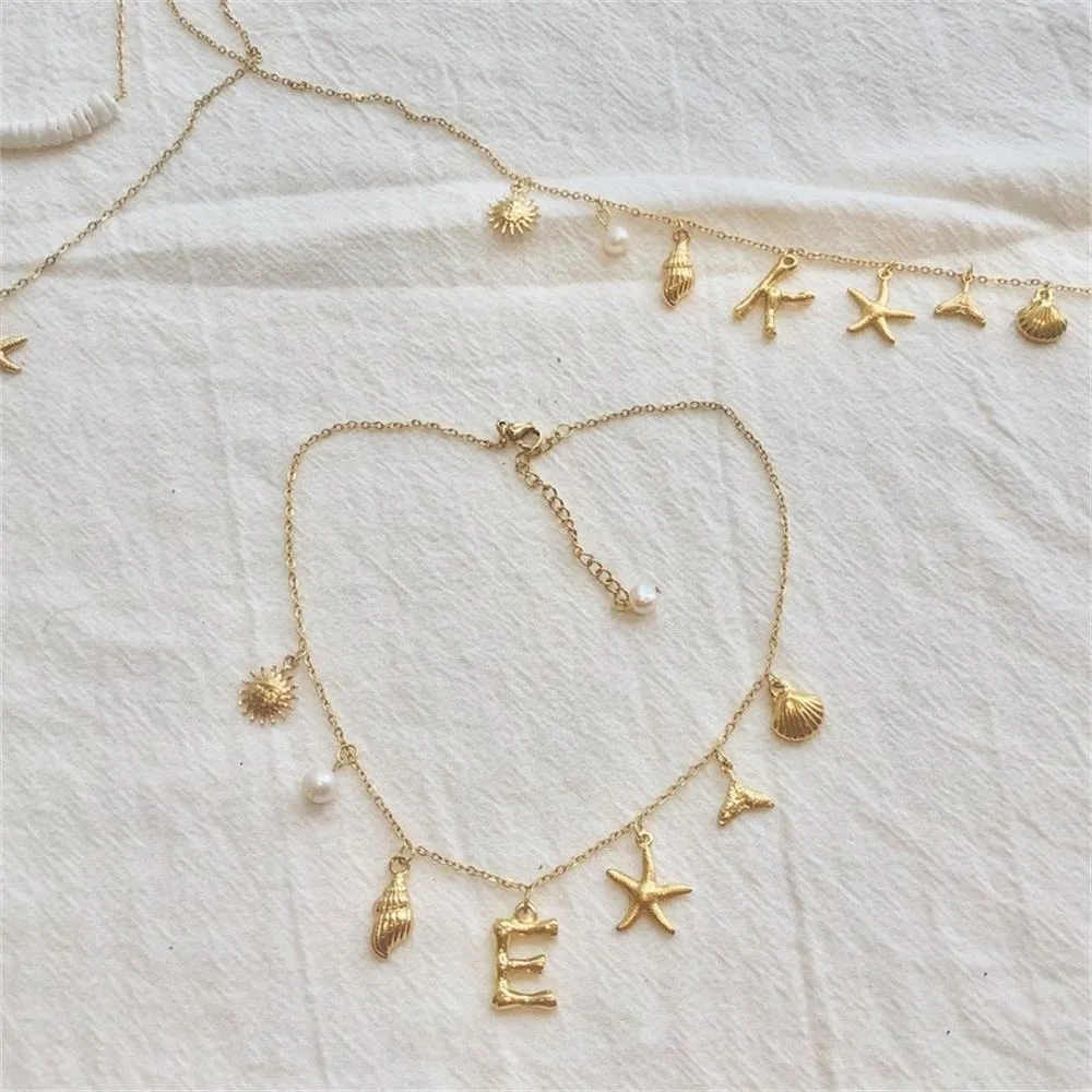 Boho Cute Star Conch Seashell Shells Small Pendant Exquisite Initial Alphabet Clavicle Choker Necklace Gold Plated Jewelry Gifts